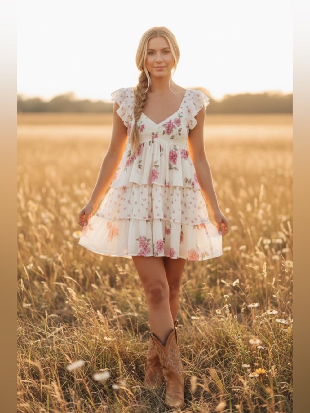 158 • Stephany Cream White Tiered Roses Print Mini Dress